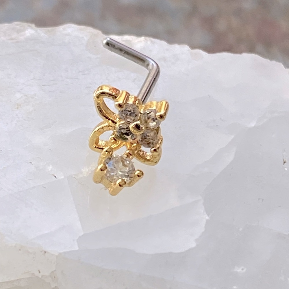 NWOT Nose ring gold (color) butterfly rhinestone flower little dangle L shape